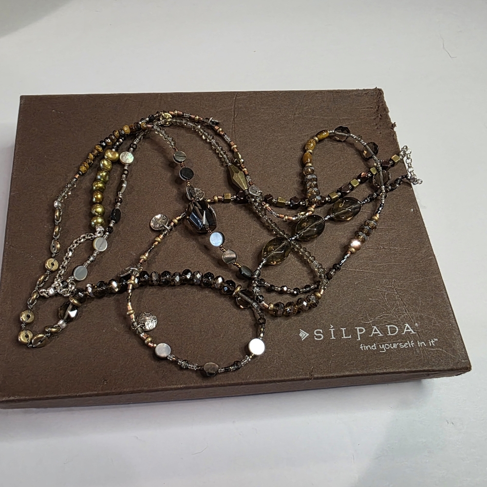 Silpada HARVEST Sterling Silver 54 Inch Necklace Smokey Quartz Tiger Eye‎ Pearl